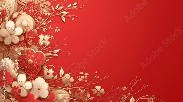 Fototapeta A vibrant Chinese New Year celebration background featuring auspicious red and gold colours and intricate traditional paper-cutting art, symbolising prosperity and good fortune.