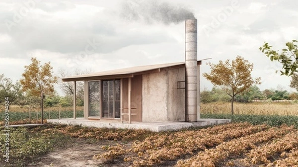Fototapeta Small rustic cabin in a farmland
