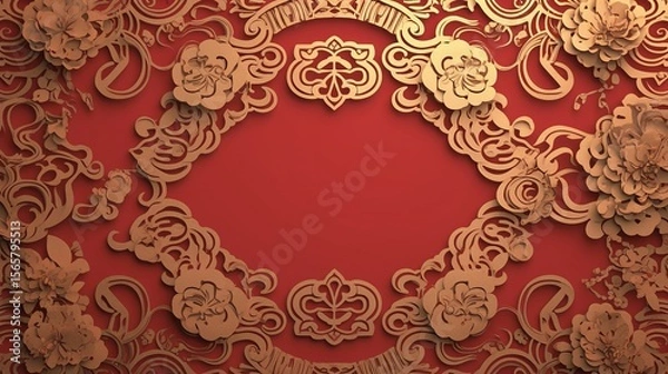 Fototapeta A vibrant Chinese New Year celebration background featuring auspicious red and gold colours and intricate traditional paper-cutting art, symbolising prosperity and good fortune.