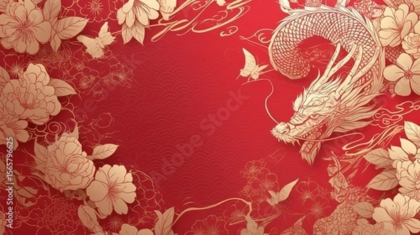Fototapeta A vibrant Chinese New Year celebration background featuring auspicious red and gold colours and intricate traditional paper-cutting art, symbolising prosperity and good fortune.