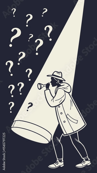 Fototapeta Mysterious preview vector graphic with dark background, spotlight effect and question mark