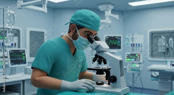 Obraz Focused surgeon meticulously examines a sample under a microscope in a modern operating room.