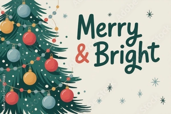 Fototapeta A cheerful Christmas greeting card featuring a stylized, vectorized sketch of a festive Christmas tree adorned with colorful baubles and twinkling lights