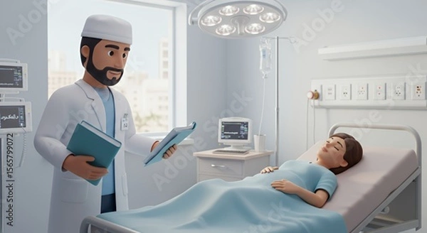 Fototapeta Compassionate doctor reviews patient charts bedside, offering comfort and care in a modern hospital room.