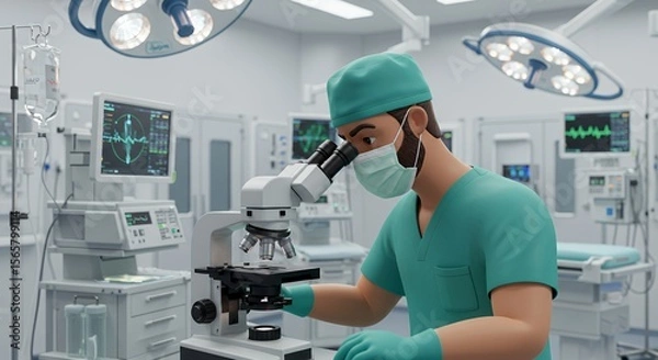 Fototapeta Focused surgeon meticulously examines a sample under a powerful microscope in a modern operating room.