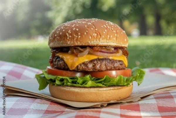 Fototapeta A photograph of a juicy hamburger with melted cheddar cheese nestled between a toasted sesame seed bun