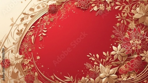 Fototapeta A vibrant Chinese New Year celebration background featuring auspicious red and gold colours and intricate traditional paper-cutting art, symbolising prosperity and good fortune.