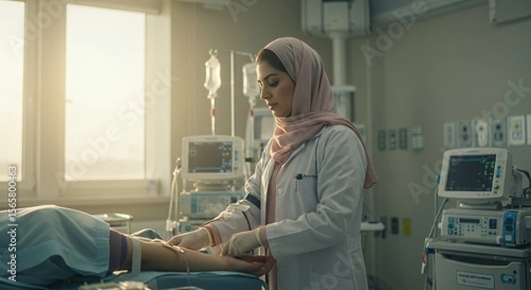 Fototapeta Compassionate healthcare professional administers intravenous fluids to a patient in a modern hospital room, bathed in soft sunlight.