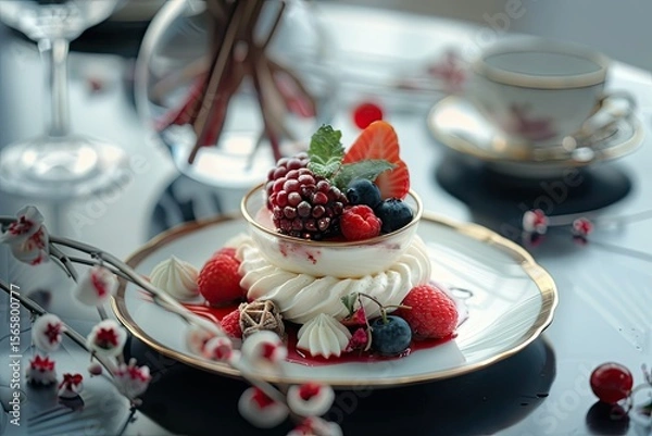 Fototapeta High Detail Visual of Table Arrangement for Mousse Dessert