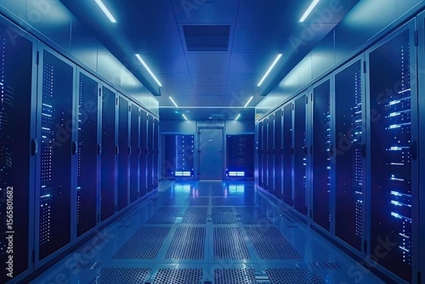 Fototapeta Detailed Visual  of Modern Server Databank Room with Active Data Processing Indicators