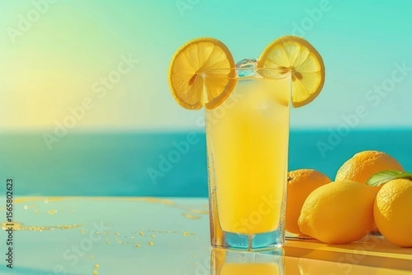 Fototapeta Detailed Visual  of a Poster for Summer Holidays with a Glass of Lemonade and Oranges