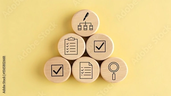 Fototapeta Wooden circles with business icons arranged in a pyramid checklist magnifying glass