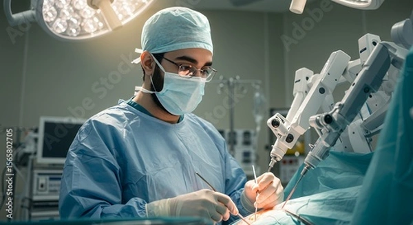 Obraz Focused surgeon expertly uses robotic surgical instruments during a complex operation in a modern operating room.