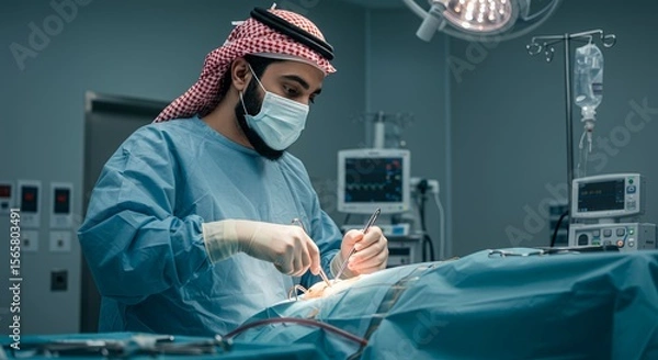 Obraz Focused surgeon in traditional headwear performs delicate surgery in a modern operating room.