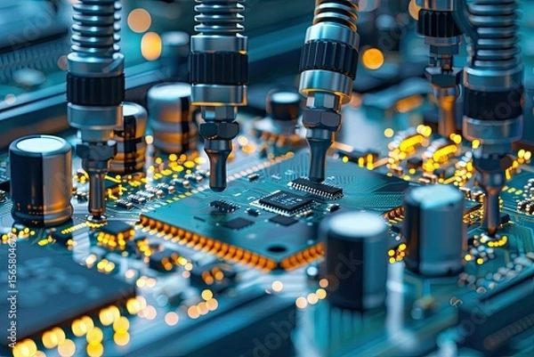 Fototapeta Vibrant Color Picture of Quality Control of Circuit Board in Electronics Manufacturing Factory
