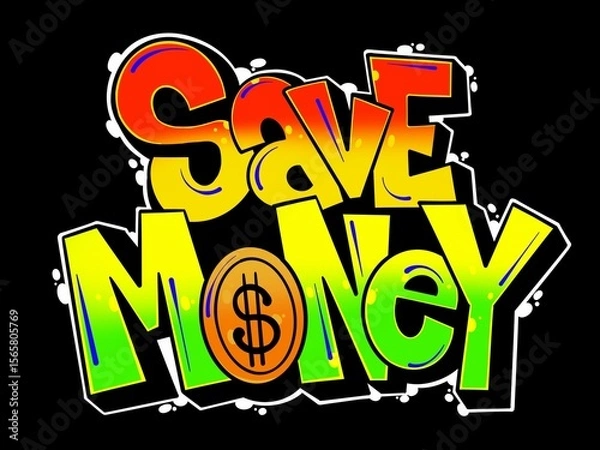 Fototapeta letter save money, illustration of word save money with simple graffiti pattern and bright colors