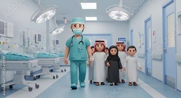 Fototapeta Smiling doctor leads children down a hospital corridor, conveying hope and care in a animation.