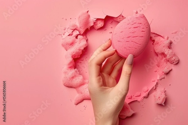 Fototapeta flawless picture of Hand holding a beauty blender from a hole in a pink background.