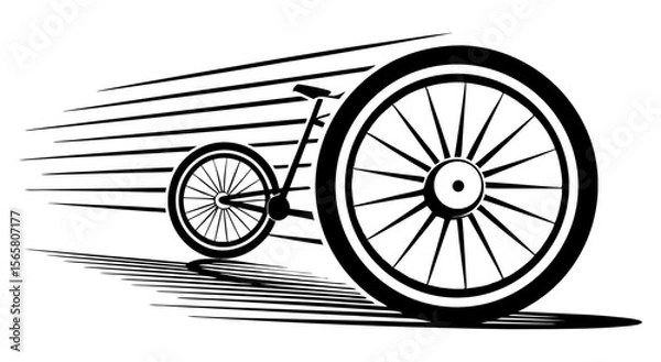 Fototapeta A dynamic black and white illustration of a vintage penny-farthing bicycle speeding forward, with motion lines conveying rapid movement and a sense of nostalgia.