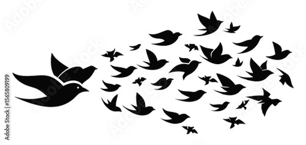 Fototapeta A dynamic black and white illustration depicting a flock of birds in silhouette, with a few larger birds leading a scattered group, symbolizing freedom, migration, and collective movement.