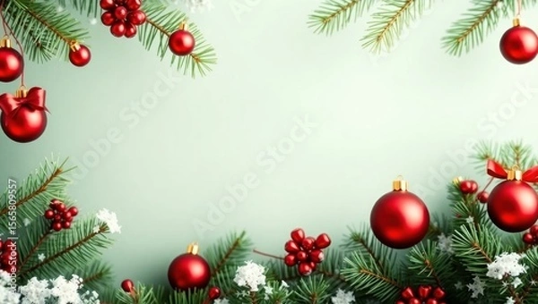 Fototapeta copy space for text background Christmas Green Pine Forest with Red Ornaments concept