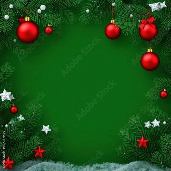 Fototapeta copy space for text background Christmas Green Pine Forest with Red Ornaments concept