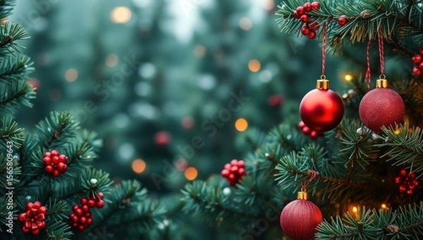 Fototapeta copy space for text background Christmas Green Pine Forest with Red Ornaments concept
