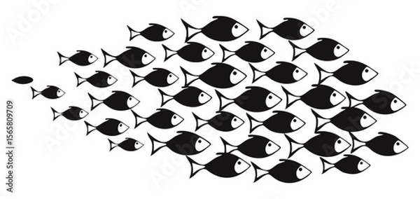 Fototapeta A black and white illustration of numerous fish silhouetted in a tightly packed school formation, with a few smaller fish leading the way, symbolizing unity, movement, and collective intelligence.