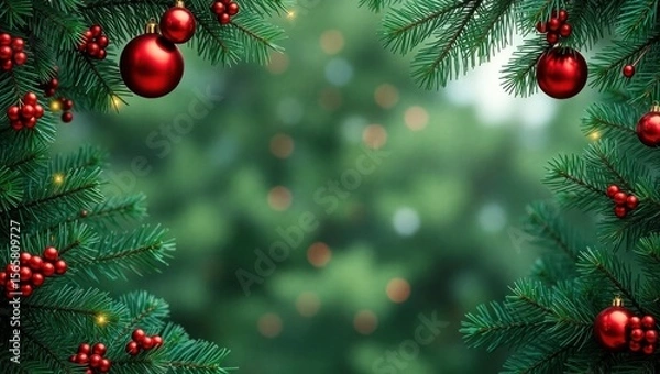 Fototapeta copy space for text background Christmas Green Pine Forest with Red Ornaments concept