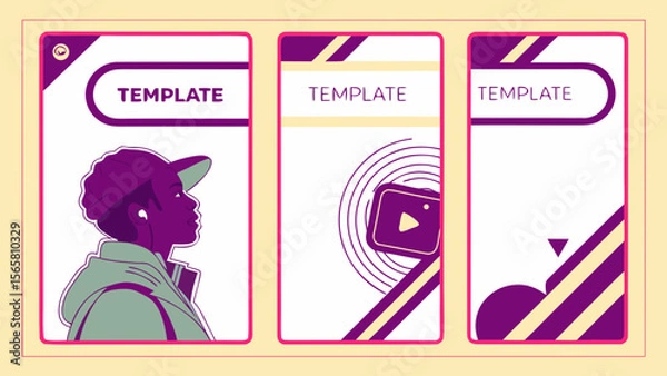 Fototapeta 3 different Modern Neon Video Template for Social Media with Text Area and Face Placeholder in 9:16 Format