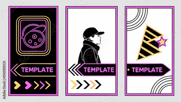 Fototapeta 3 different Modern Neon Video Template for Social Media with Text Area and Face Placeholder in 9:16 Format