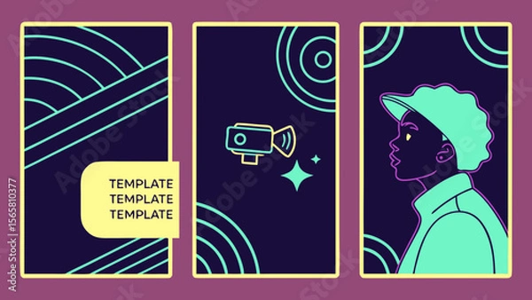Fototapeta 3 different Modern Neon Video Template for Social Media with Text Area and Face Placeholder in 9:16 Format