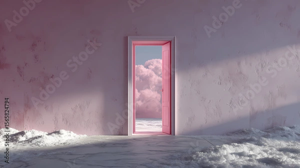 Fototapeta branding visual for minimalist interiors | ice-flushed pink | architectural framing | room trapped in yesterday | air disturbance near closed door | emulsion-shadow layering | invisible resonance