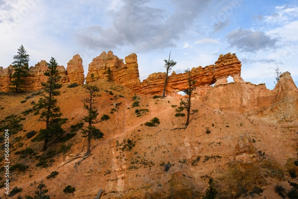 Obraz Scenic ridgeline at twilight with beautiful orange rock formations and ponderosa pine trees, Mossy Cave Trail, Bryce Canyon National Park, Utah
