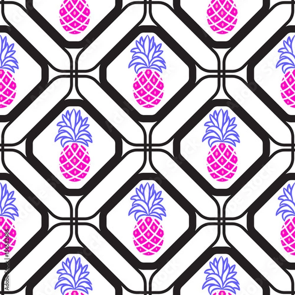 Fototapeta Pineapples in rhombuses geometric seamless tile pattern.