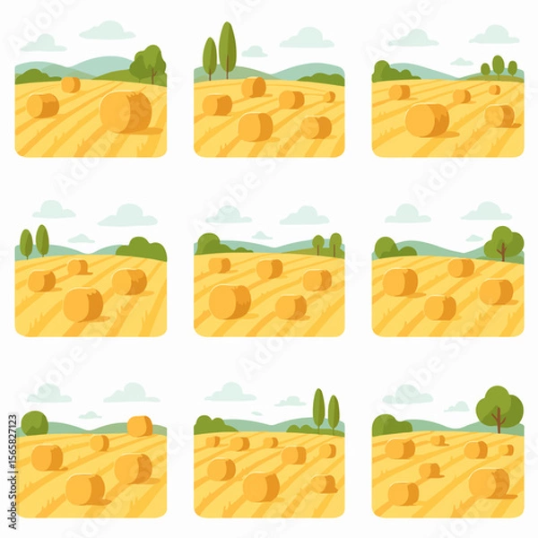Fototapeta Hay bales in field landscape with sky and hills