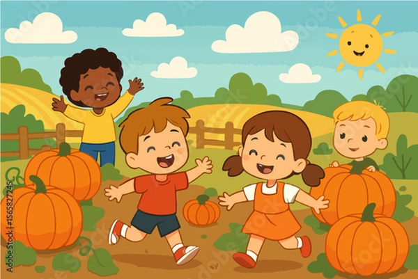 Fototapeta Kids playing with pumpkins in a fall harvest field