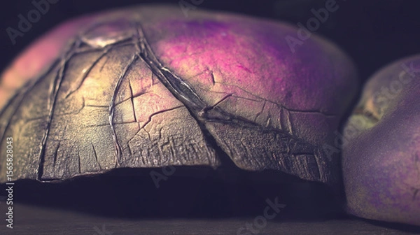 Fototapeta A bruised violet-green fruit skin splits into intricate cracks and fibers - Generative AI 