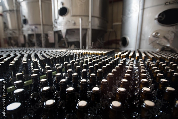Obraz Bottles of red wine stand in front of fermentation vats at a winery.
