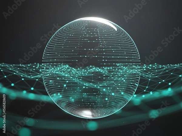 Fototapeta Abstract digital sphere with interconnected glowing lines on dark background, representing global connectivity.