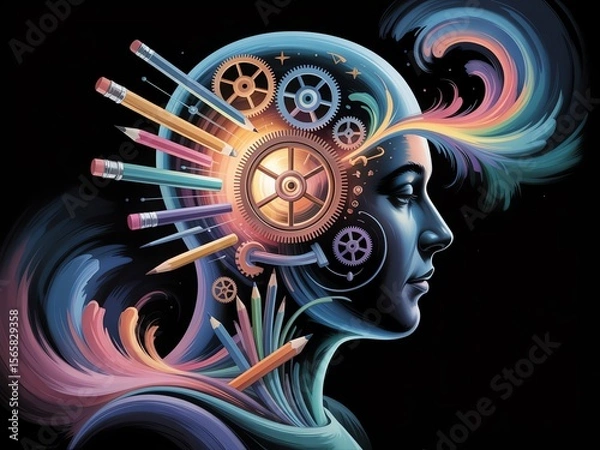 Fototapeta Colorful abstract human profile with gears and pencils, symbolizing creativity and innovation.