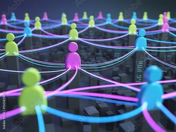 Fototapeta Colorful human figures connected by glowing lines, representing digital communication and networking over a city.