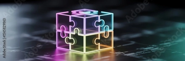 Fototapeta Colorful transparent puzzle cube on digital background representing innovation and solution concepts in technology.