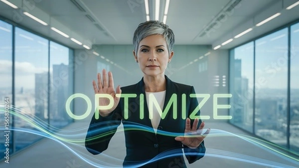 Fototapeta Confident professional interacts with virtual optimize interface in modern office.