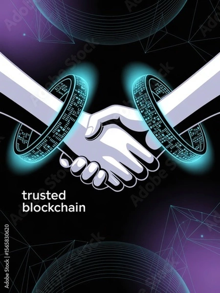 Fototapeta Digital handshake concept symbolizing secure blockchain agreement with futuristic elements.