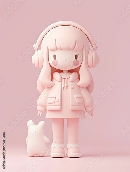 Fototapeta Cute 3D blind box toy style Q version character in soft pastel color tones and matte clay texture, isolated on white background.