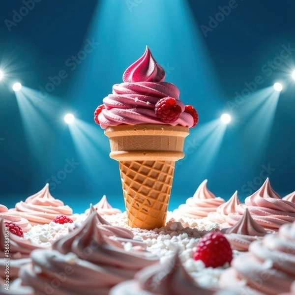 Fototapeta Delicious pink raspberry swirl soft serve ice cream in waffle cone with fresh berries on a dramatic stage with spotlight beams and a colorful background