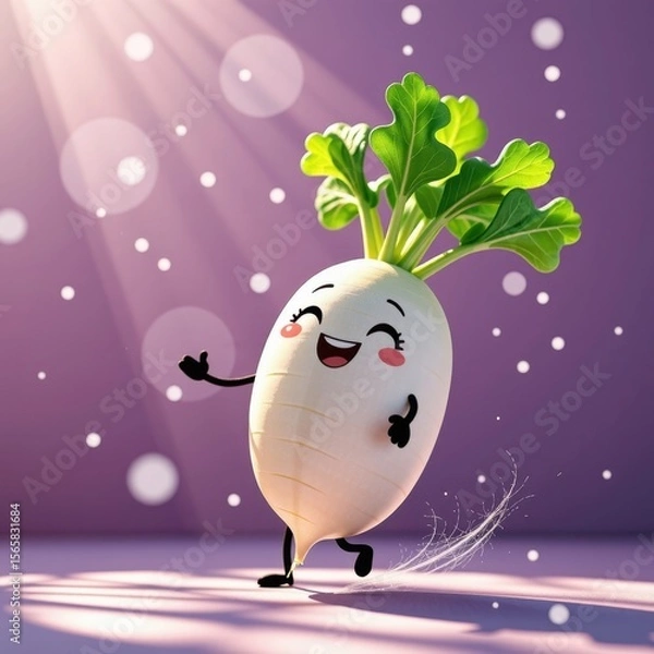 Fototapeta Cute cartoon radish character with smiling face dancing on purple background with light bubbles and sparkles, cheerful fresh vegetable mascot illustration