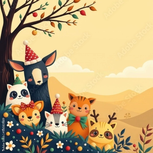 Fototapeta Cute cartoon animals with holiday hats including cat dog bear bunny and fox in a scenic autumn landscape with trees and mountains in the background