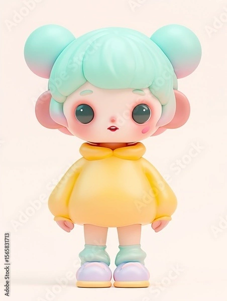 Fototapeta Cute 3D blind box toy style Q version character in soft pastel color tones and matte clay texture, isolated on white background.